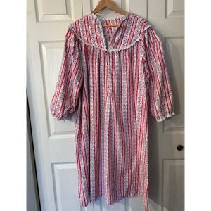 Lanz Flannel Red Floral Striped Nightgown Lace Trim Button Front Long Sleeve 3X